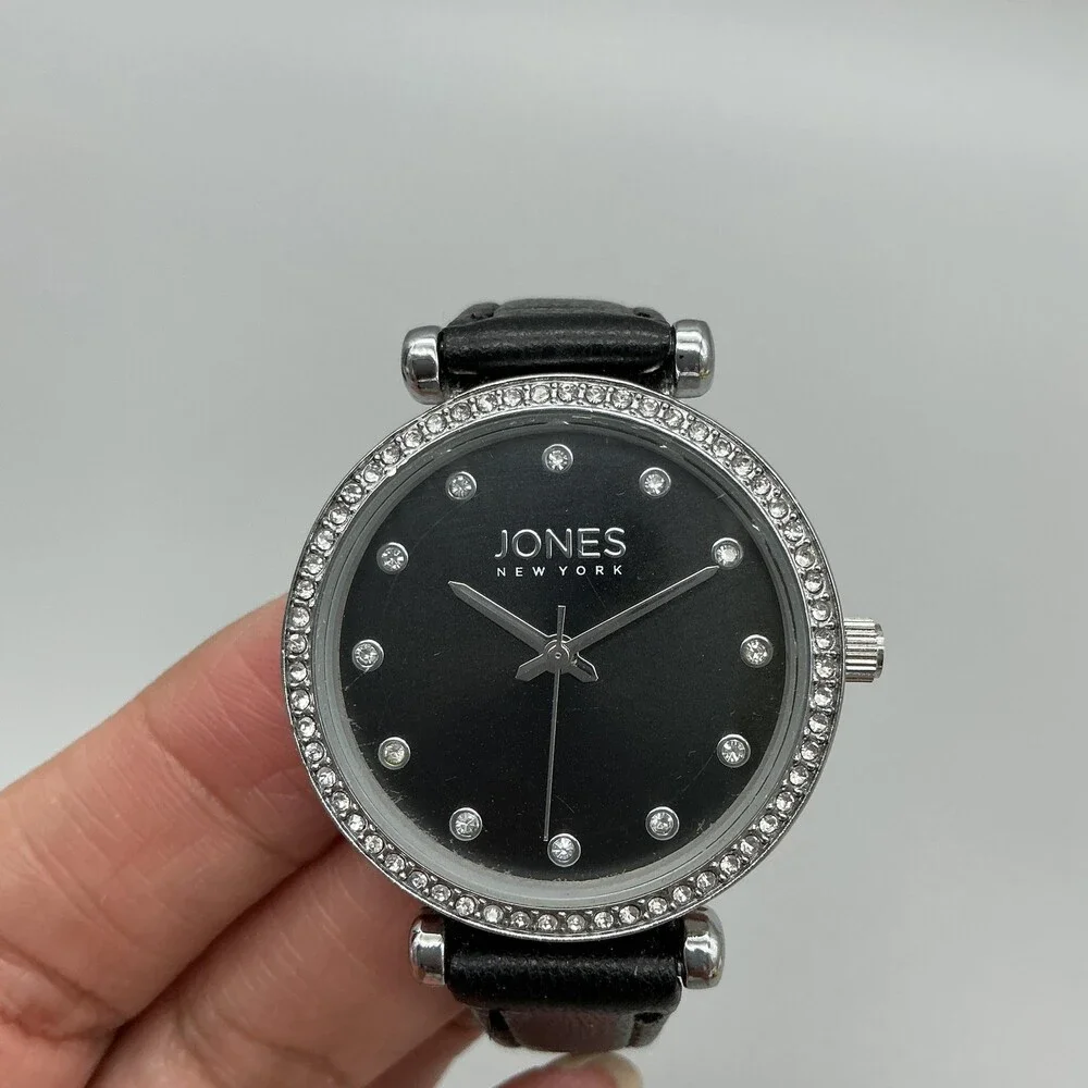 Jones New York 14986 Womens Watch 34mm Black Dial Leather Silver Tone New Batt